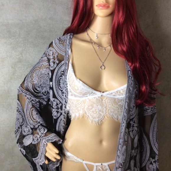 🌸 KIMONO ROBE CARDIGAN BLACK GRAY BELL SLEEVE LACE BOHO KIMONO FESTIVAL GYPSY - Picture 2 of 7